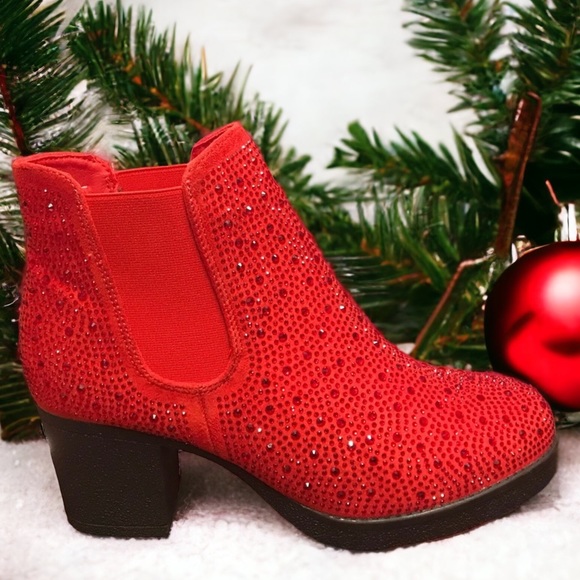 Christmas Holiday Red Rhinestone Metallic Embellished Slip On Chelsea Bootie - Picture 8 of 8